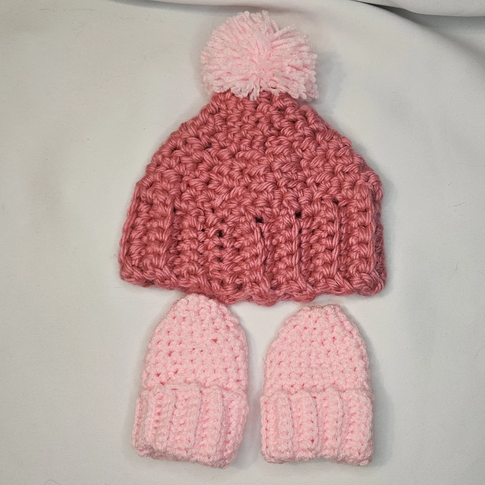 Infant Pink Crochet Hat and Mittens Set